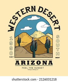 The Western Desert In Arizona, Desert vibes vector graphic print for fashion. Cactus artwork for apparel, t shirt, sticker, poster, wallpaper and others.