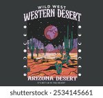 Western desert artwork. Cactus tree vector design. Desert adventure art. Arizona vintage print design for t shirt. Desert vibes artwork design for sticker, poster, background, fashion and others.