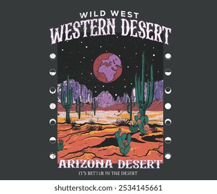 Obra de arte do deserto ocidental. Projeto vetorial de árvore de cactos. Desert aventura arte. Arizona projeto de impressão vintage para t-shirt. Desert vibes design de arte para adesivo, cartaz, fundo, moda e outros.