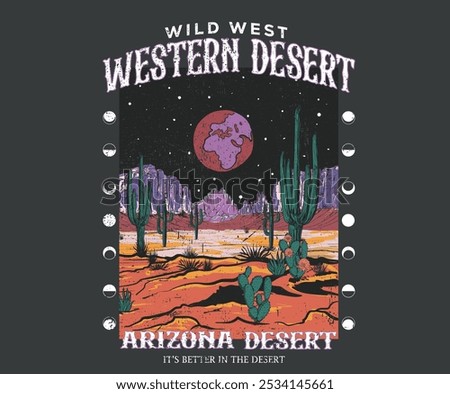 Western desert artwork. Cactus tree vector design. Desert adventure art. Arizona vintage print design for t shirt. Desert vibes artwork design for sticker, poster, background, fashion and others.