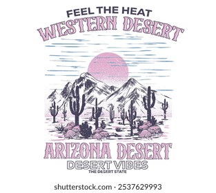 Western desert artwork design for sticker, poster, background, fashion and others. Mountain artwork. Cactus tree vector design. Sunshine artwork. Arizona vintage print design for t shirt.