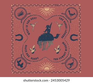 western desert bandit bandana pattern design, cowboy desert bandana print design, vintage western artwork for t shirt, sticker, graphic print