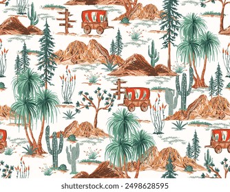 Western Desert Cactus and Botanical Plants Mountains Seamless Pattern Vector Illustration , Design for fashion , fabric, textile, wallpaper , wrapping and all prints