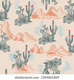 Western Desert Cactus Mountains Vector Seamless Pattern Design, Seamless pattern vector summer cactus on desert, summer tropical pattern background with cactuses, surface textures, textile. Isolated o