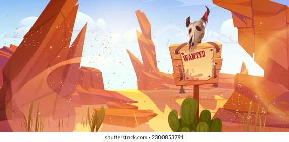 Western desert cowboy wanted sign vector landscape. Wooden game warning board with paper cartoon illustration with animal skull. Search billboard poster on pole in Texas storm wild nature scene.