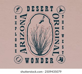 western desert design with typography, Ocotillo desert tree vector illustration, cowboy retro vintage graphic print design, Arizona desert artwork 