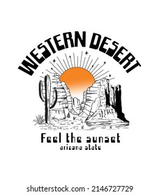 western desert feel the sunset, graphic print design for apparel, t shirt, sticker, poster, wallpaper and others. Cactus modern art vector artwork. Western desert vector design for t-shirt.