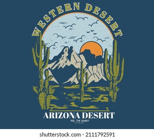 Western desert graphic print design for t shirt, poster, background and sticker. 