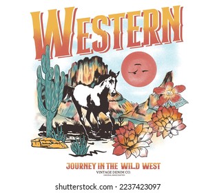 Western desert graphic print design for apparel, t shirt, sticker, poster, wallpaper and others. Horse run at desert.  Cactus flower illustration artwork for men , women, boy and girl.	