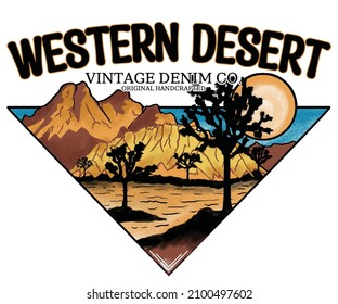 Western desert with joshua tree t shirt print deign. Desert wild artwork for apparel and others.