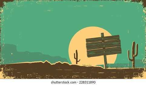 Western desert landscape background.Vector illustration on old paper texture 