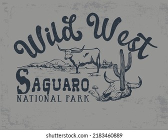 western desert landscape with buffalo vintage typography design