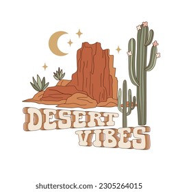 Western desert landscape with mountain, cactus and text vector illustration. Wild West aesthetic print design.