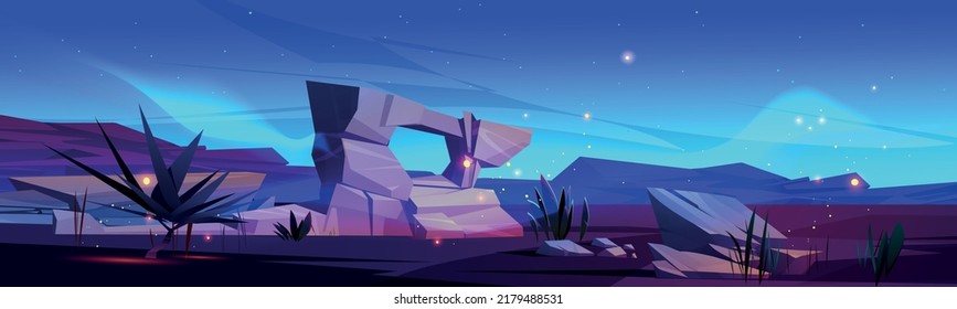 Western desert landscape at night. Vector cartoon illustration of nature scene of drought sand land with aloe plant and dark arc mountains and stones in Africa, Arizona or Mexico in evening