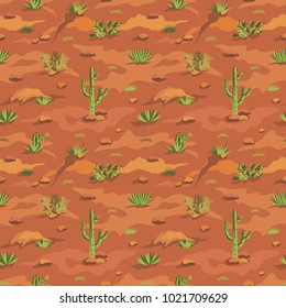 Western desert landscape seamless pattern with cactuses, plants, sand dunes and stones. Vector