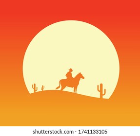 Western desert landscape at sunset with cowboy silhouette vector illustration.