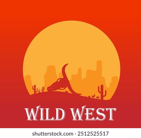 Western desert landscape at sunset with cowboy silhouette vector illustration.