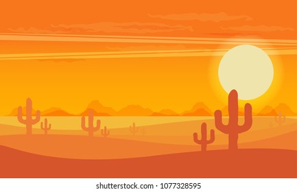 Western desert landscape at sunset vector illustration. 