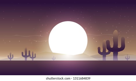 Western desert landscape at sunset vector illustration. 