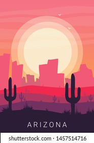 Western desert landscape at sunset vector illustration. 