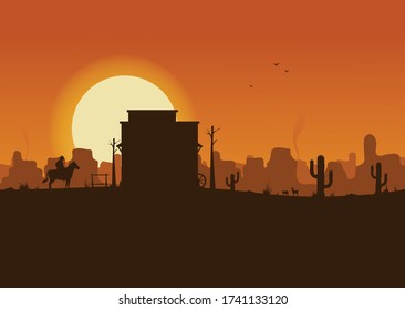 El paisaje del desierto occidental en la ilustración del vector de puesta de sol. 