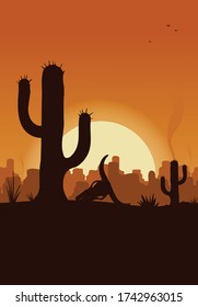 Western desert landscape at sunset vector illustration. 