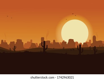 Western desert landscape at sunset vector illustration. 