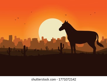 Western desert landscape at sunset vector illustration. 