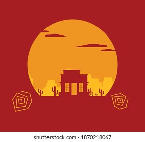 Western desert landscape at sunset vector illustration.