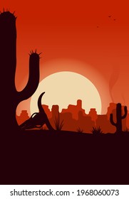 Western desert landscape at sunset vector illustration. 