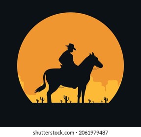 Western desert landscape at sunset vector illustration.