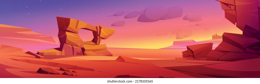 Western desert landscape at sunset. Vector cartoon illustration of nature scene of drought sand land with orange mountains and stones in Africa, Arizona or Mexico in evening