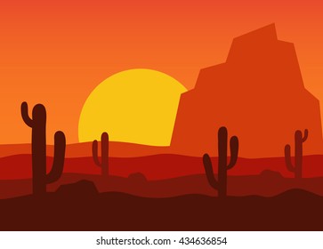 Western desert landscape at sunset vector illustration. The background desert area with silhouettes of cacti, mountains and sand stones.