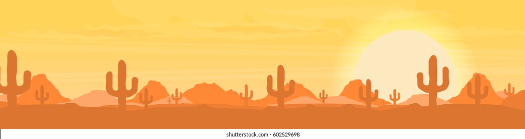 Western desert landscape at sunset vector illustration. 