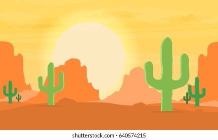 Western desert landscape at sunset vector illustration. 