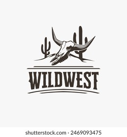 Western Desert logo with bull skull and cactus illustration on white background