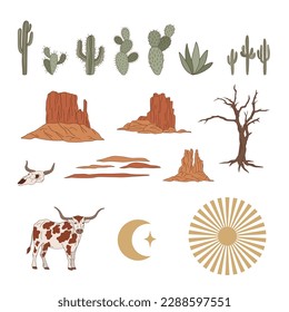 Western desert nature landscape elements. Mountain, cactus, dry tree, cow. Vector illustration set isolated on white.