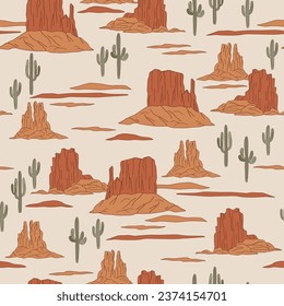 Western desert nature landscape mountain cactus vector seamless pattern. Groovy wild west background.