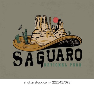 western desert on cowboy hat vector with typography design