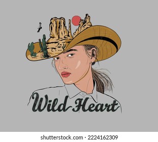 western desert on cowgirl hat illustration with typography design