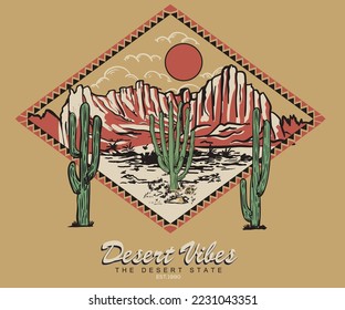 Western desert print design for t shirt. Arizona desert vibes vector artwork design.