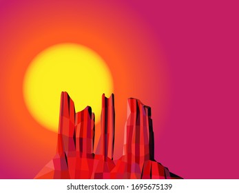   Western desert. Red rocks. Sunset. Polygonal style.