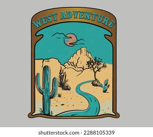 western desert retro vintage design, arizona desert landscape vector, cactus desert artwork vector, western vintage design for t shirt, sticker, clothing