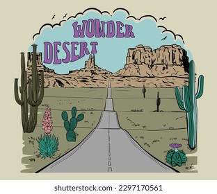 western desert road vector illustration, arizona desert road print design, cactus desert landscape for t shirt, print, poster, sticker, retro vintage desert print design