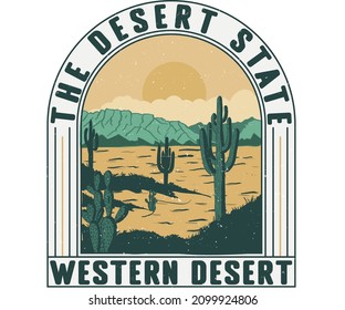 Western desert state vintage graphic print design. Arizona desert  artwork for t shirt print, poster, sticker, background and other uses.