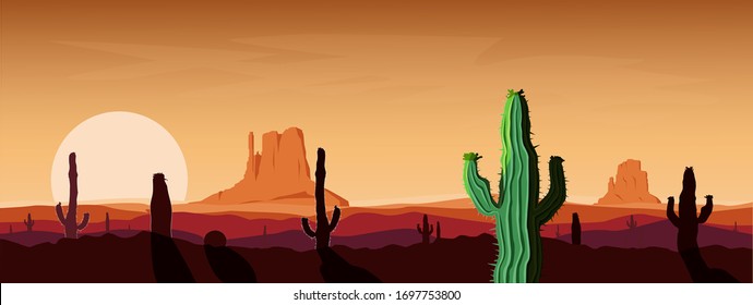 Western desert. Sunset. Rocks. Cactuses.