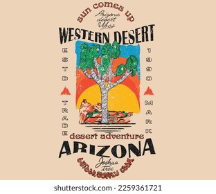 Diseño vectorial del desierto occidental. Obra gráfica de Arizona. Diseño retro de aventura del desierto. Árbol de Joshua.