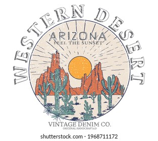 Western desert vector design for t-shirt. arizona desert vibes retro design.. denim clothing.