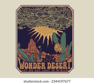 western desert vector illustration, cactus desert design for t shirt, sticker, graphic print, cloud and sun art, retro vintage print design