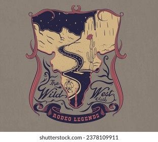 western desert vector illustration, western vintage artwork, retro vintage design for t shirt, sticker, graphic print, wild west typography design 